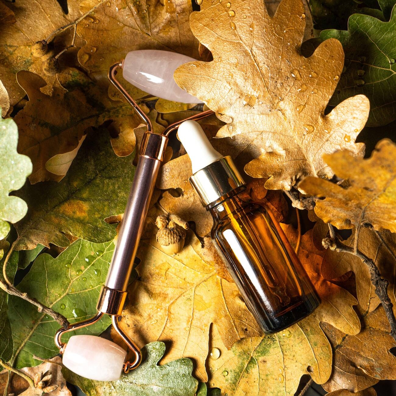 Facial Roller and Serum laying on fall colored leaves.