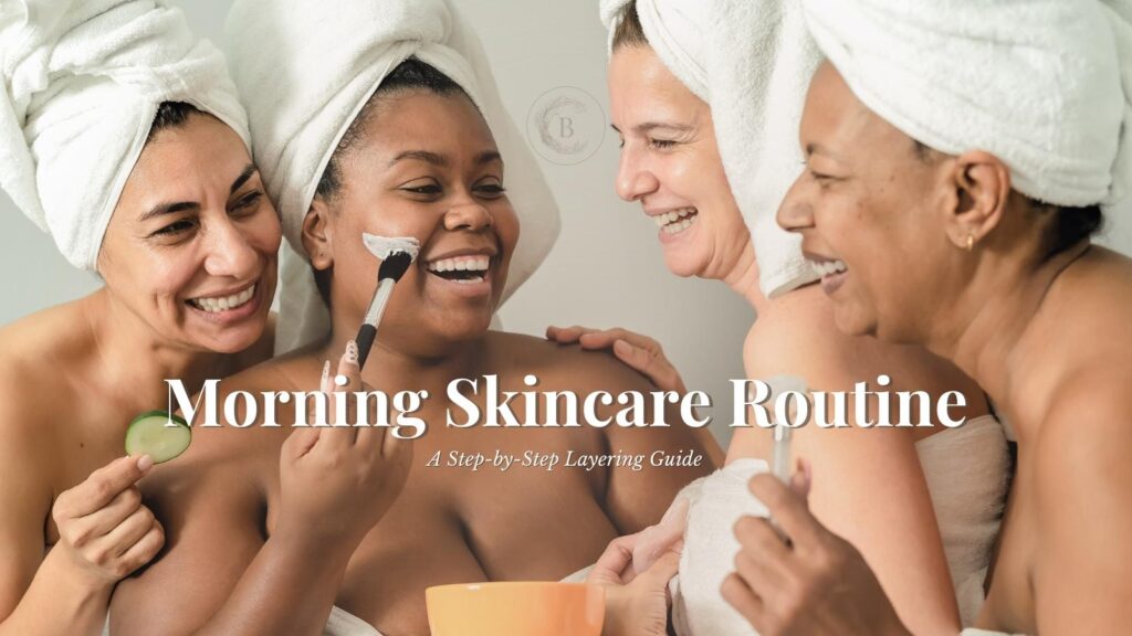 Women applying skincare together during a morning skincare routine, illustrating the correct order of cleanser, serum, moisturizer, and sunscreen.